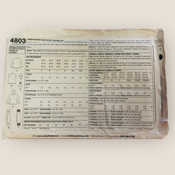 Vintage Simplicity Sewing Pattern 4803 Unisex Jacket Vest Hats Scarf Size S-L - Picture 2 of 2